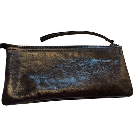 Lattico Leather Wristlet-Dark Brown-Three Zip Compartments-Geometric Fabric - Picture 6 of 9